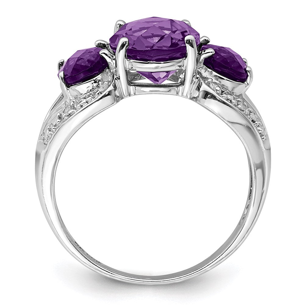 Sterling Silver Rhodium-plated Checker-Cut Amethyst & Diamond Ring