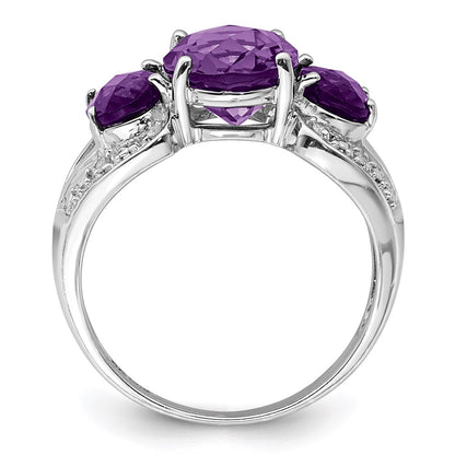 Sterling Silver Rhodium-plated Checker-Cut Amethyst & Diamond Ring