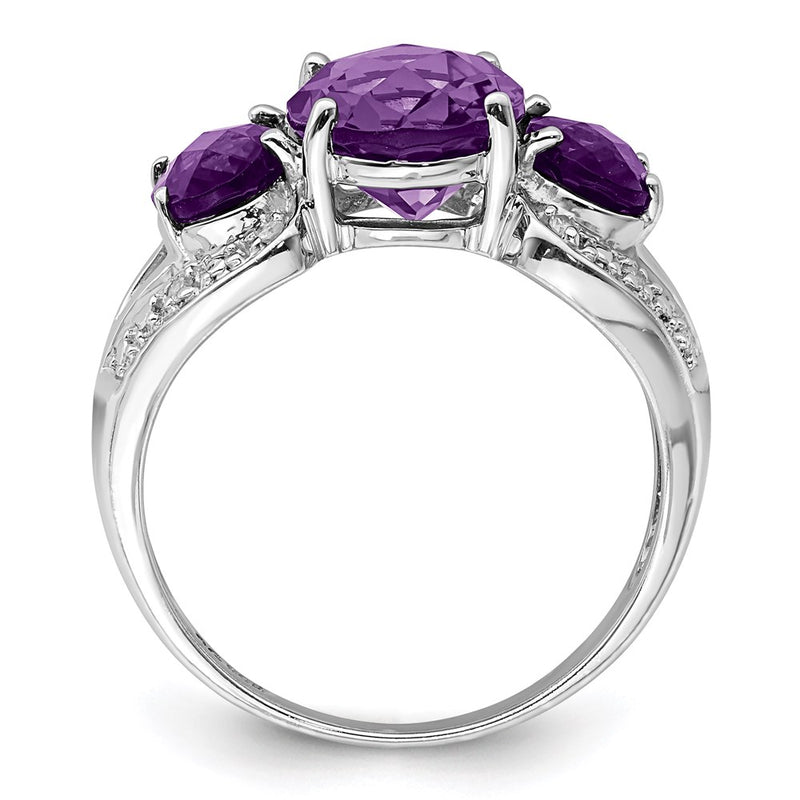 Sterling Silver Rhodium-plated Checker-Cut Amethyst & Diamond Ring