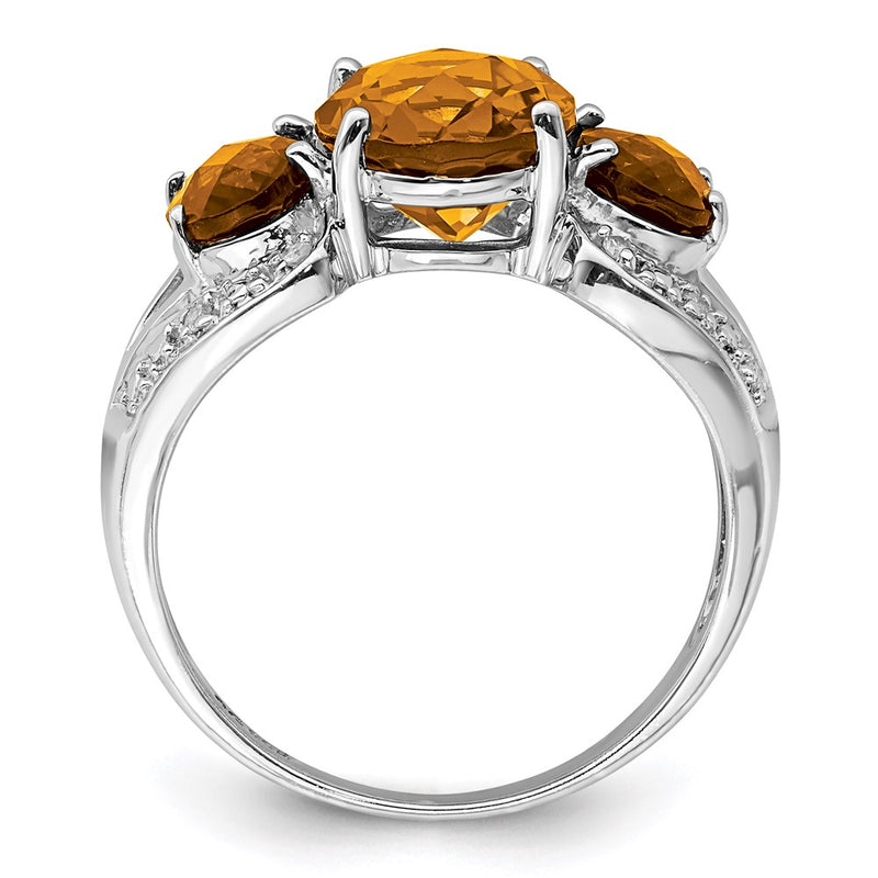 Sterling Silver Rhodium Checker-Cut Whiskey Quartz & Diamond Ring