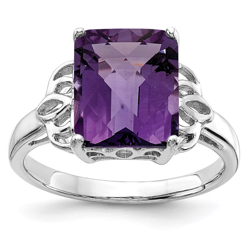 Sterling Silver Rhodium-plated Checker-Cut Amethyst Ring