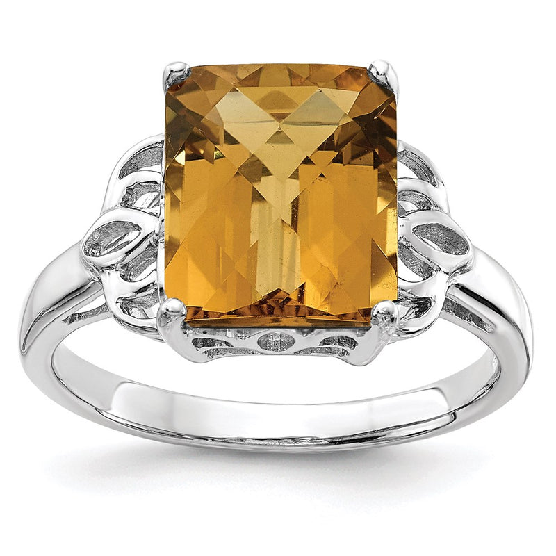 Sterling Silver Rhodium Checker-Cut Whiskey Quartz Ring