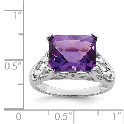 Sterling Silver Rhodium-plated Checker-Cut Amethyst Ring