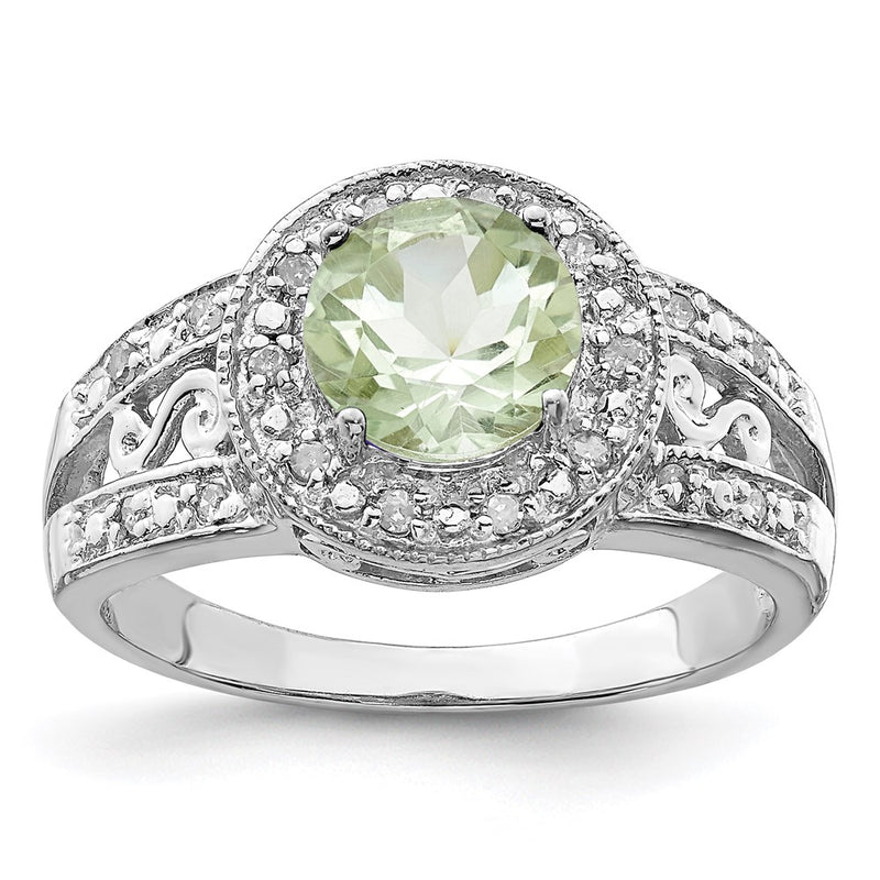 Sterling Silver Rhodium Green Quartz & Diamond Ring