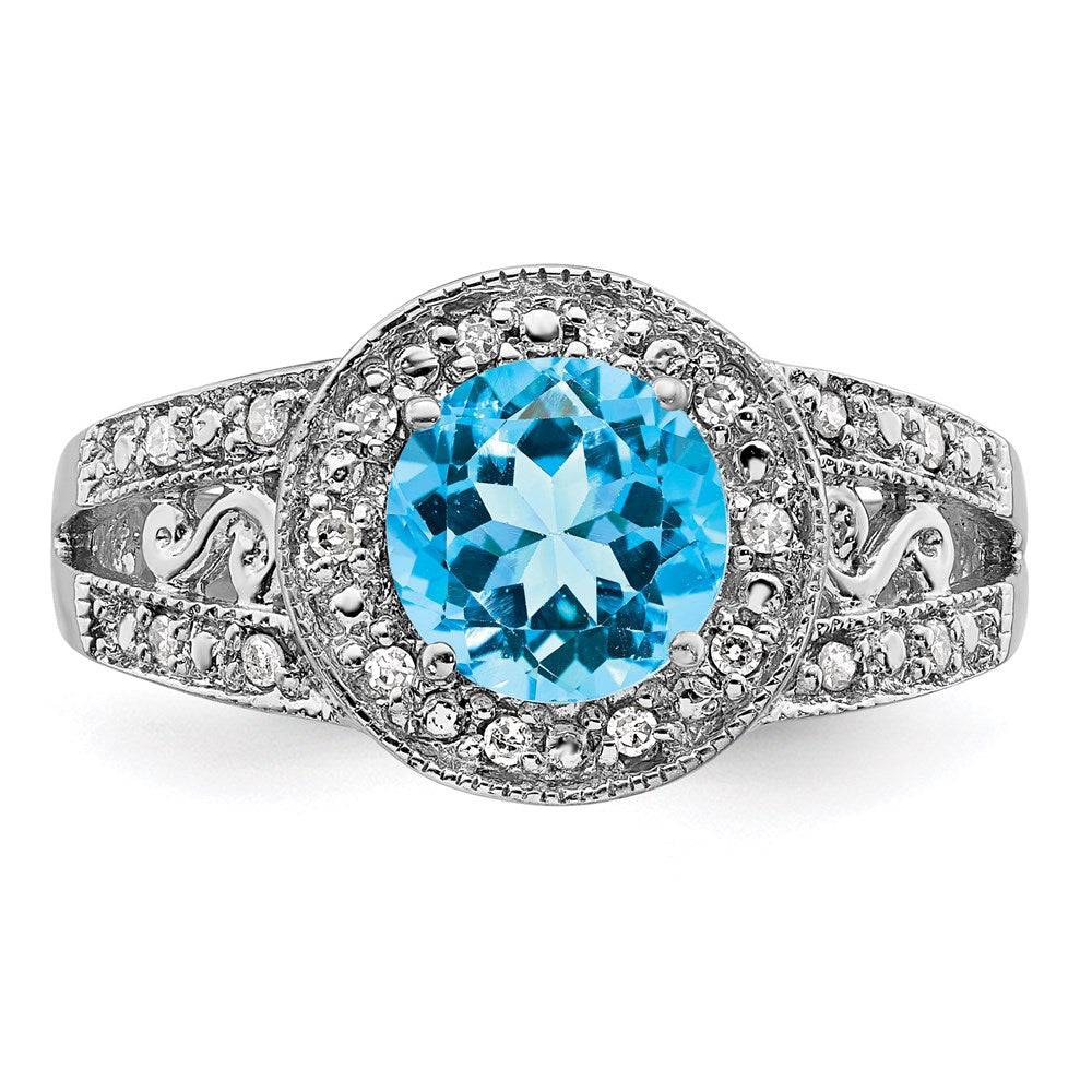 Sterling Silver Rhodium Blue Topaz & Diamond Ring