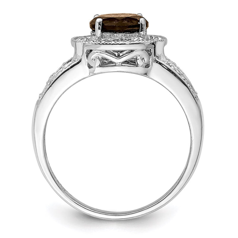 Sterling Silver Rhodium Smoky Quartz & Diamond Ring