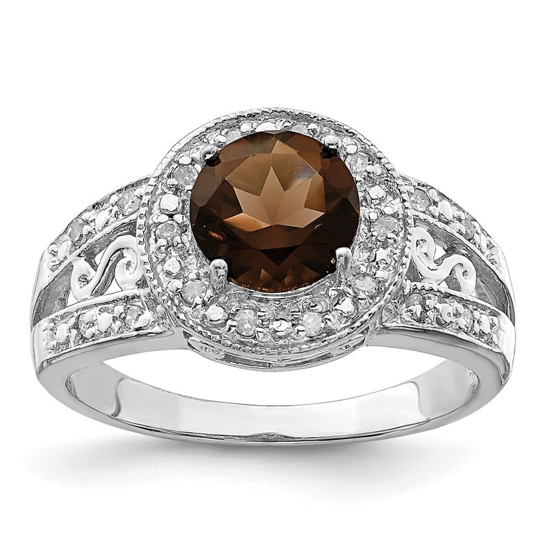 Sterling Silver Rhodium Smoky Quartz & Diamond Ring