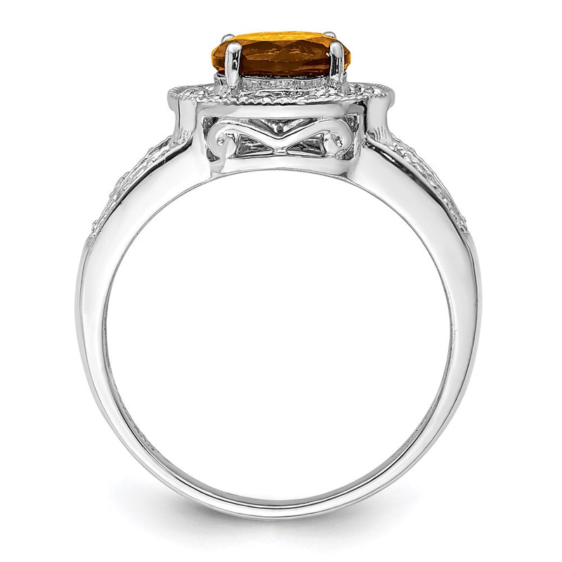 Sterling Silver Rhodium Whiskey Quartz & Diamond Ring
