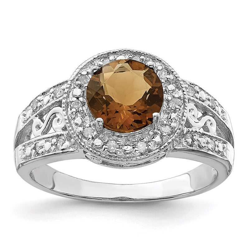 Sterling Silver Rhodium Whiskey Quartz & Diamond Ring