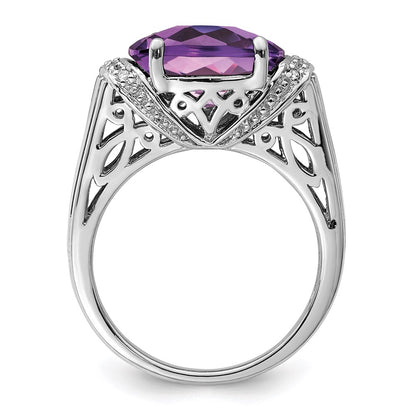 Sterling Silver Rhodium-plated Checker-Cut Amethyst & Diamond Ring