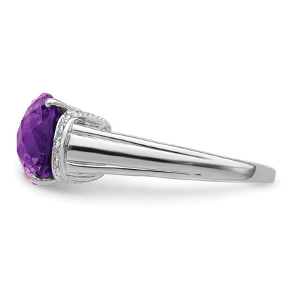 Sterling Silver Rhodium-plated Checker-Cut Amethyst & Diamond Ring