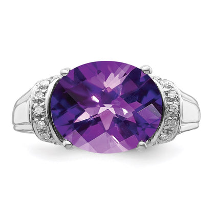 Sterling Silver Rhodium-plated Checker-Cut Amethyst & Diamond Ring