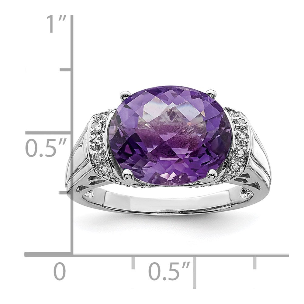 Sterling Silver Rhodium-plated Checker-Cut Amethyst & Diamond Ring