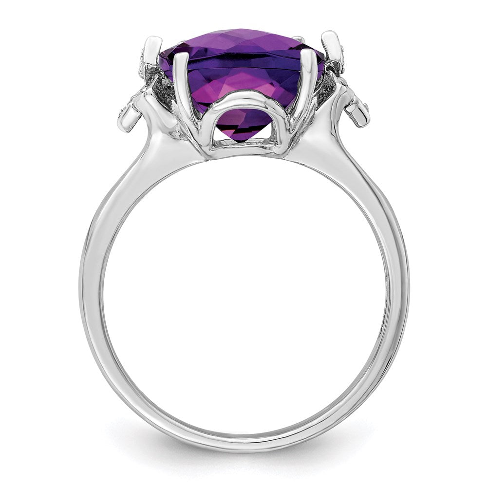 Sterling Silver Rhodium-plated Checker-Cut Amethyst & Diamond Ring