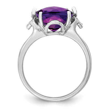 Sterling Silver Rhodium-plated Checker-Cut Amethyst & Diamond Ring
