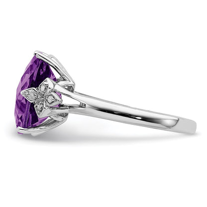 Sterling Silver Rhodium-plated Checker-Cut Amethyst & Diamond Ring
