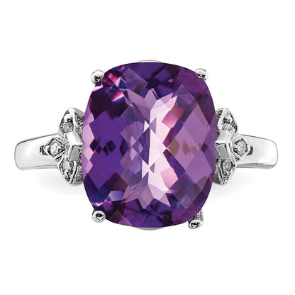 Sterling Silver Rhodium-plated Checker-Cut Amethyst & Diamond Ring