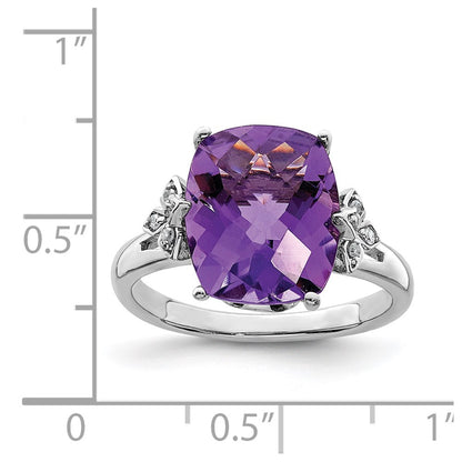 Sterling Silver Rhodium-plated Checker-Cut Amethyst & Diamond Ring