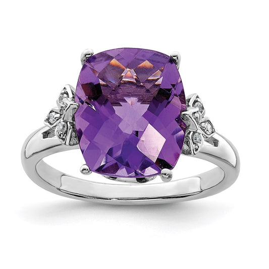 Sterling Silver Rhodium-plated Checker-Cut Amethyst & Diamond Ring