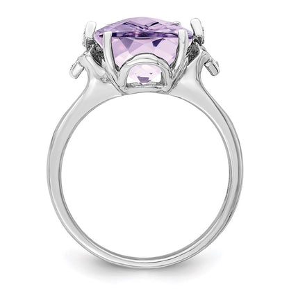 Sterling Silver Rhodium Checker-Cut Pink Quartz & Diamond Ring