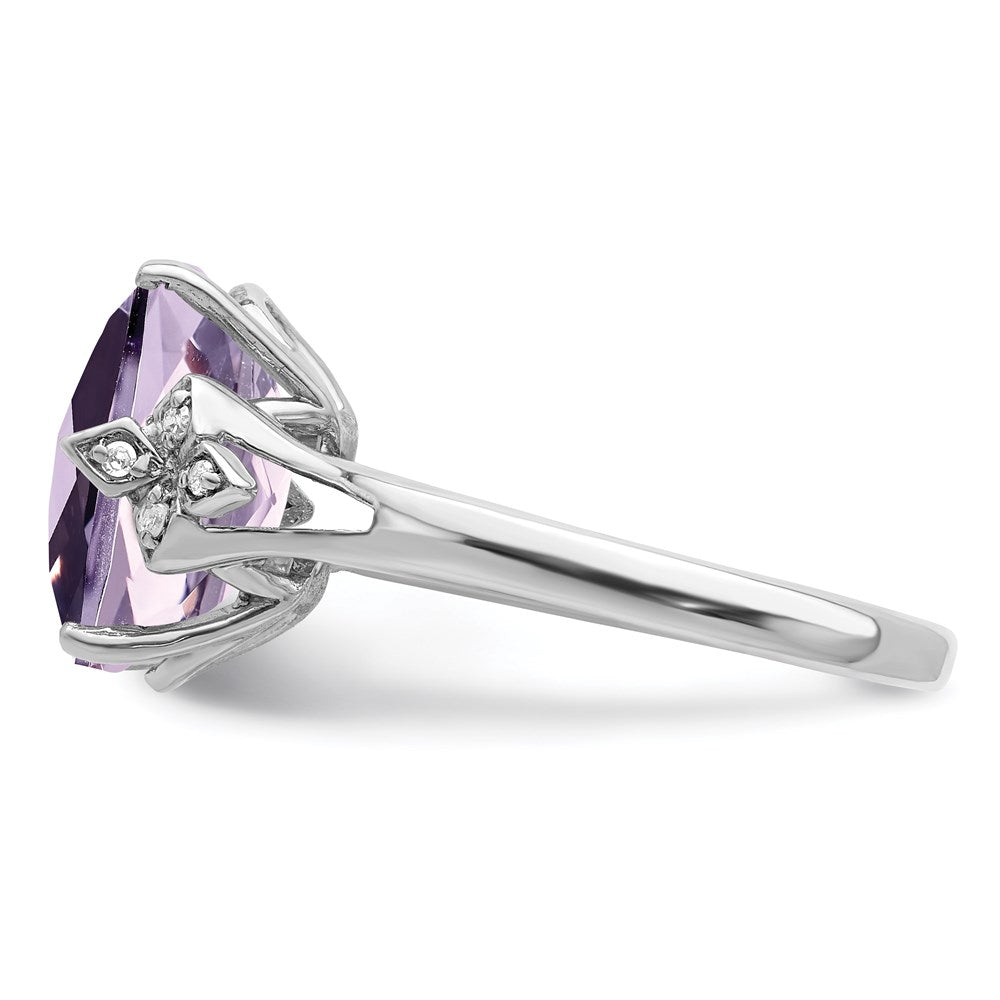 Sterling Silver Rhodium Checker-Cut Pink Quartz & Diamond Ring