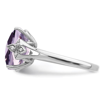 Sterling Silver Rhodium Checker-Cut Pink Quartz & Diamond Ring