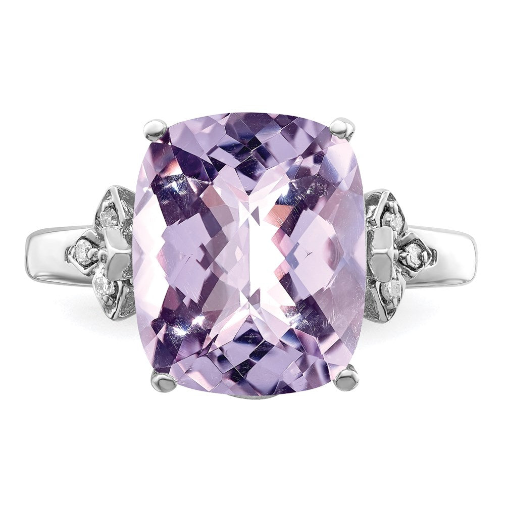 Sterling Silver Rhodium Checker-Cut Pink Quartz & Diamond Ring