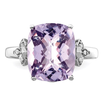 Sterling Silver Rhodium Checker-Cut Pink Quartz & Diamond Ring