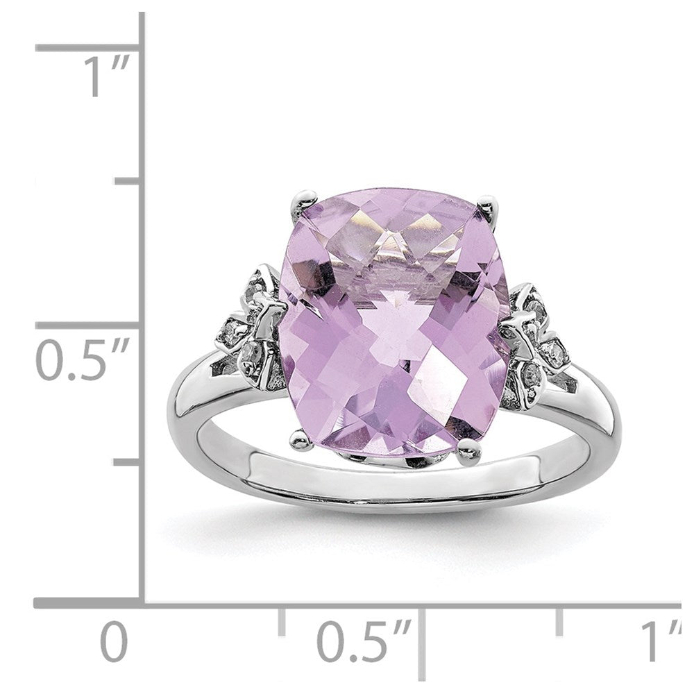 Sterling Silver Rhodium Checker-Cut Pink Quartz & Diamond Ring