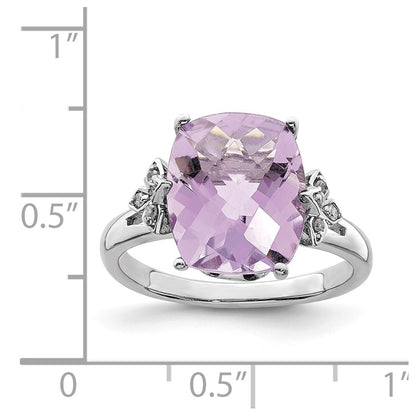 Sterling Silver Rhodium Checker-Cut Pink Quartz & Diamond Ring