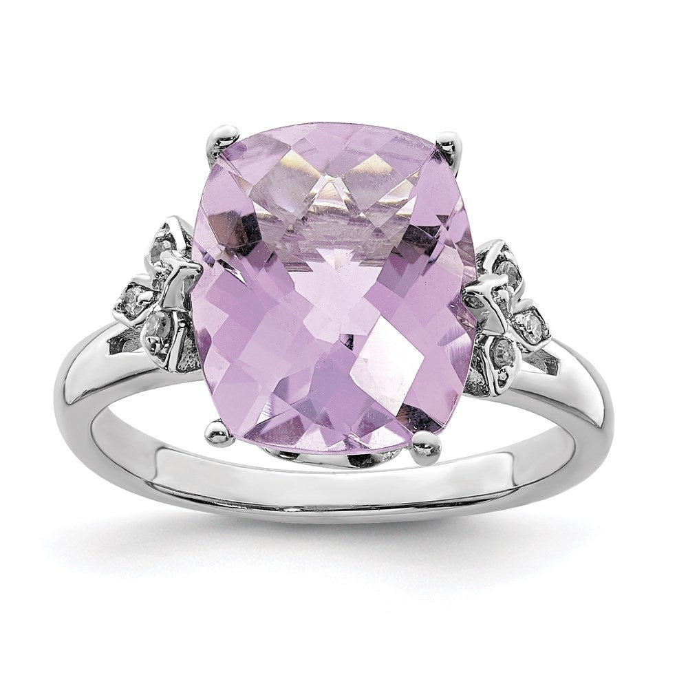 Sterling Silver Rhodium Checker-Cut Pink Quartz & Diamond Ring