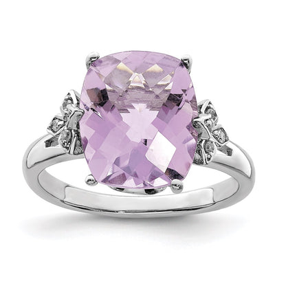 Sterling Silver Rhodium Checker-Cut Pink Quartz & Diamond Ring