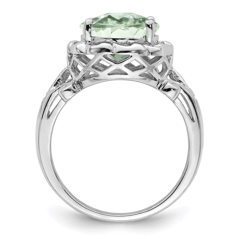 Sterling Silver Rhodium Checker-Cut Green Quartz & Diamond Ring