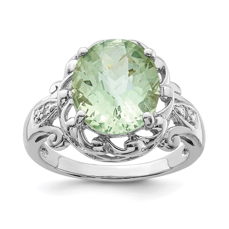 Sterling Silver Rhodium Checker-Cut Green Quartz & Diamond Ring