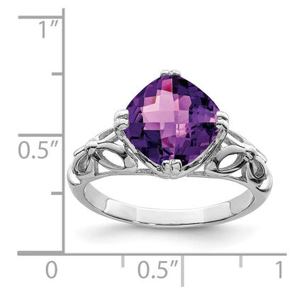Sterling Silver Rhodium-plated Checker-Cut Amethyst Ring