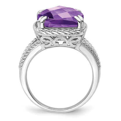 Sterling Silver Rhodium-plated Checker-Cut Amethyst Ring