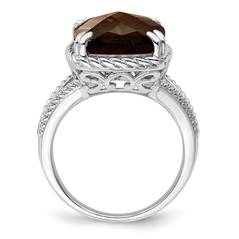 Sterling Silver Rhodium Checker-Cut Smoky Quartz Ring