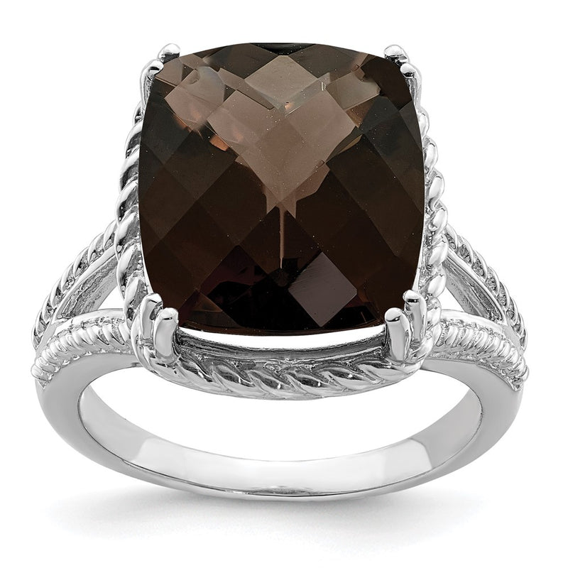 Sterling Silver Rhodium Checker-Cut Smoky Quartz Ring