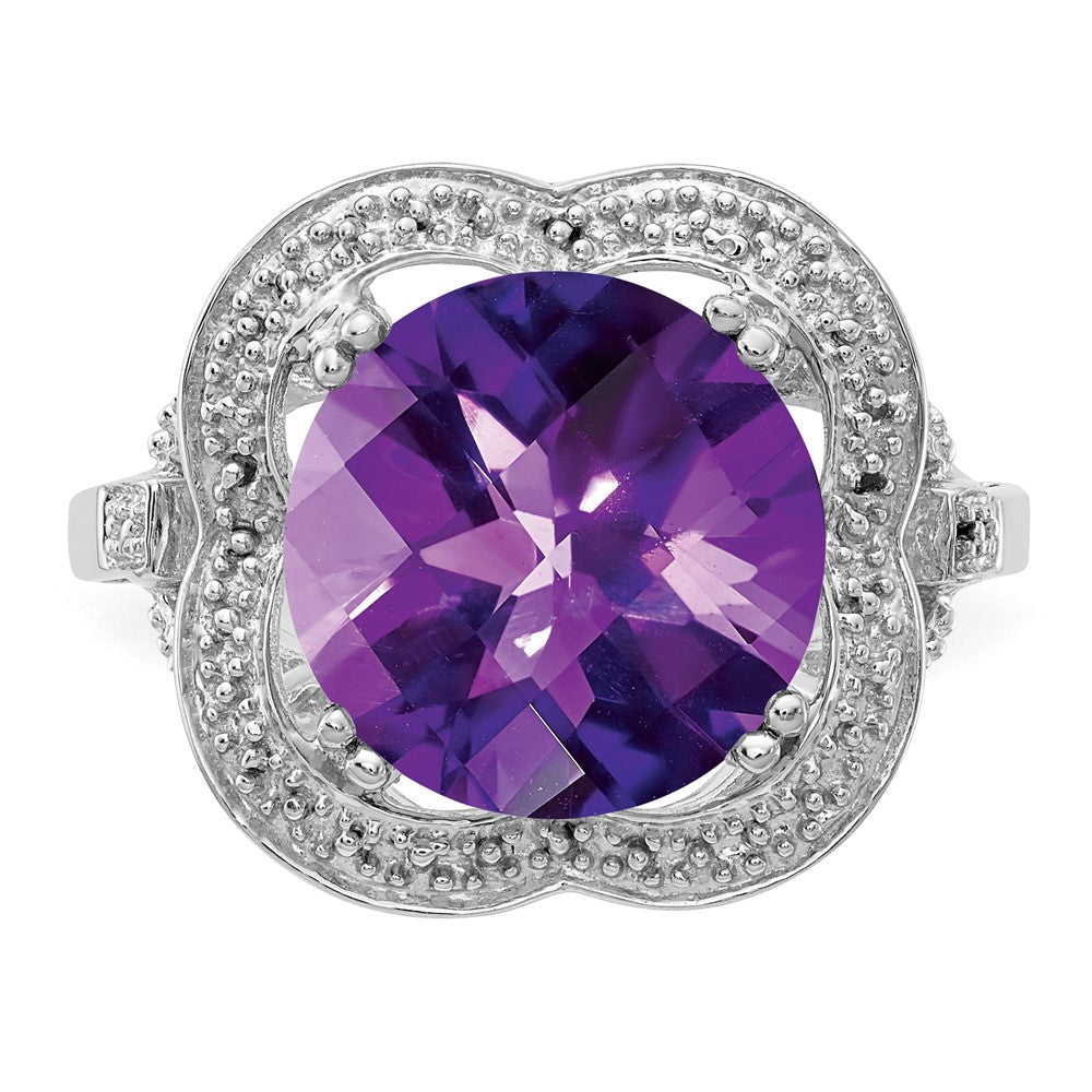 Sterling Silver Rhodium-plated Checker-Cut Amethyst Ring