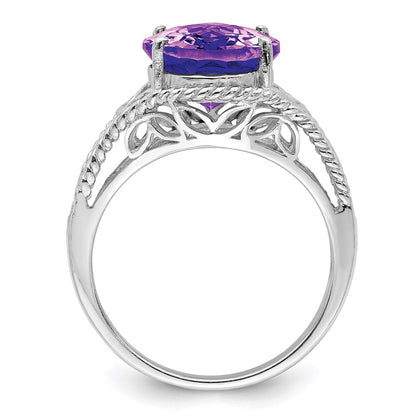 Sterling Silver Rhodium-plated Checker-Cut Amethyst Ring