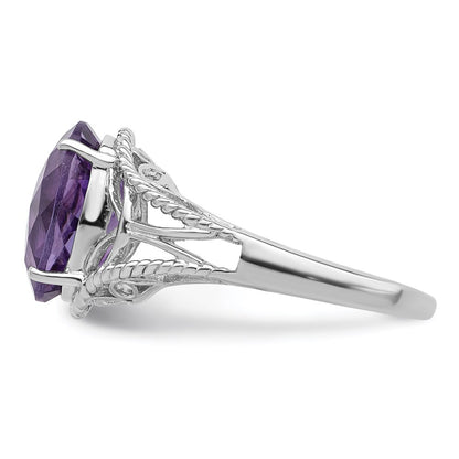Sterling Silver Rhodium-plated Checker-Cut Amethyst Ring