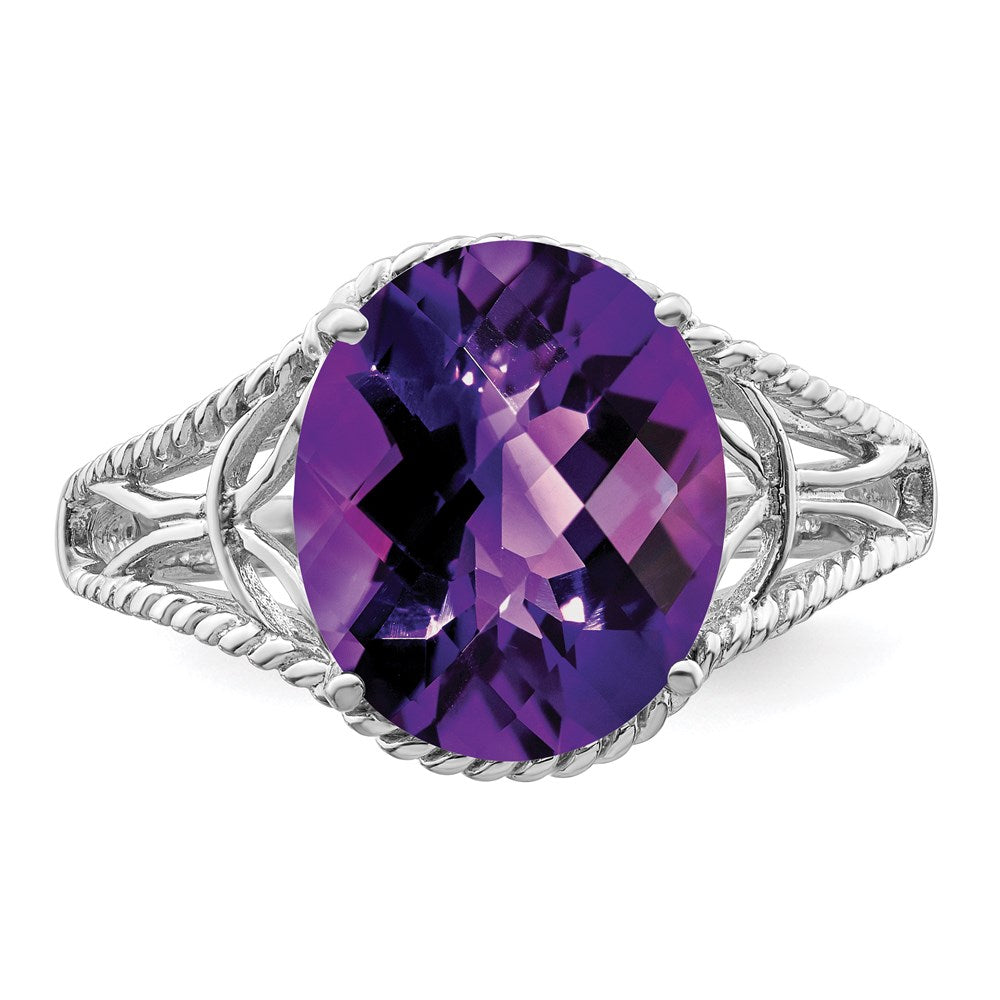 Sterling Silver Rhodium-plated Checker-Cut Amethyst Ring