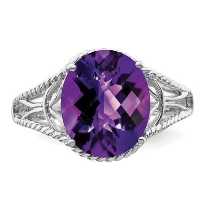 Sterling Silver Rhodium-plated Checker-Cut Amethyst Ring