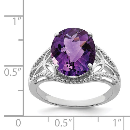 Sterling Silver Rhodium-plated Checker-Cut Amethyst Ring