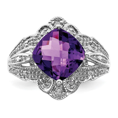 Sterling Silver Rhodium-plated Checker-Cut Amethyst & Diamond Ring