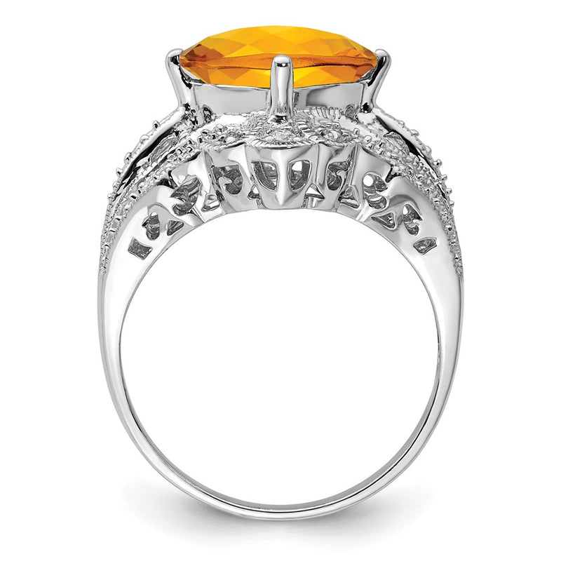 Sterling Silver Rhodium Cushion Checker-Cut Citrine & Diamond Ring