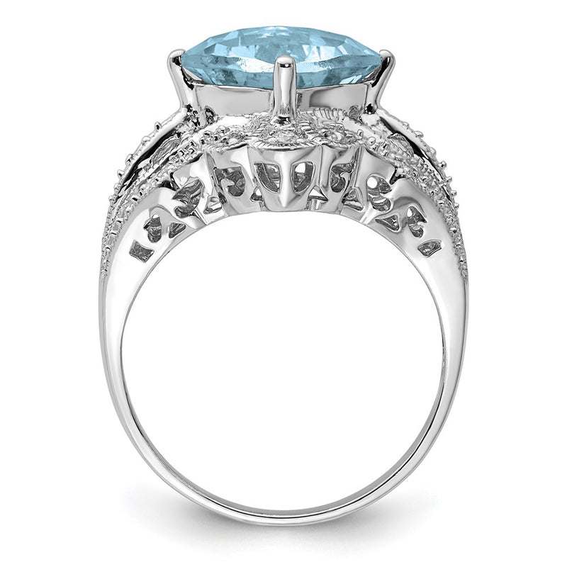Sterling Silver Rhodium Checker-Cut Sky Blue Topaz & Diamond Ring