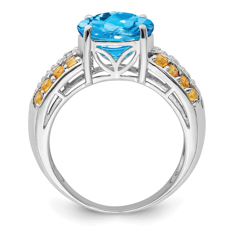 Sterling Silver Rhodium Checker-Cut Blue Topaz, Citrine & Diamond Ring