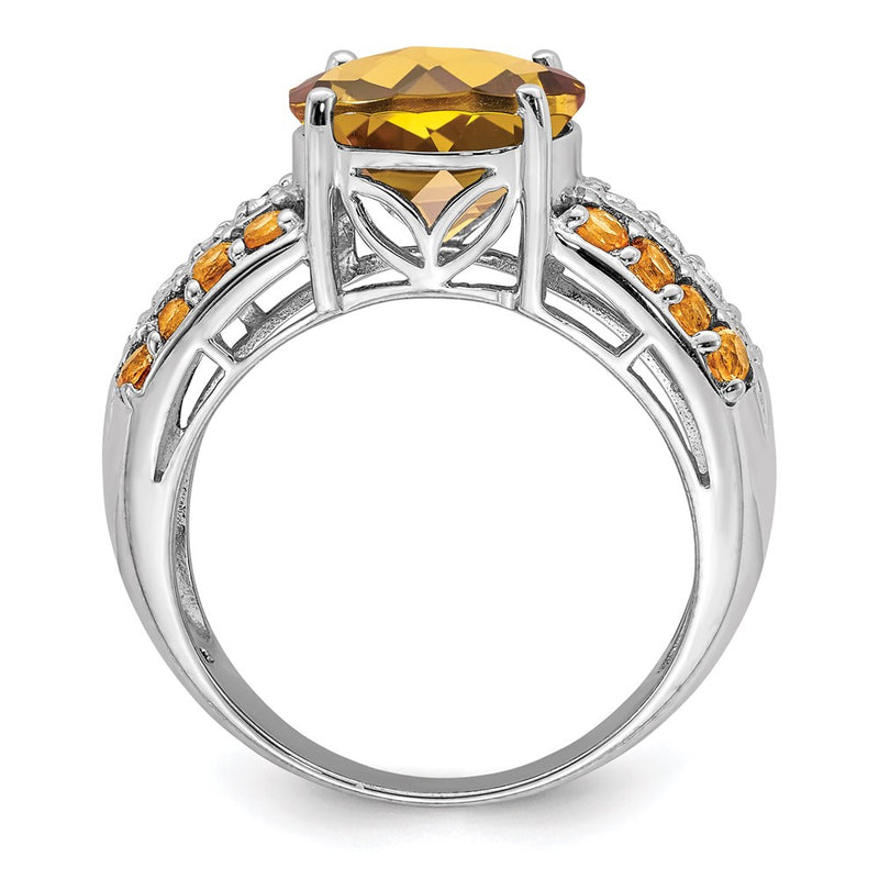 Sterling Silver Rhodium Checker-Cut Whiskey Quartz, Citrine & Diamond Ring
