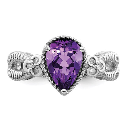 Sterling Silver Rhodium-plated Amethyst & Diamond Ring